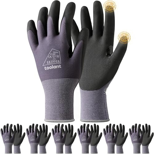 toolant Work Gloves MicroFoam Nitrile Coated, Breathable Nylon Safety Gloves with Stretchy Fit, Firm Grip & Touch-Screen Compatible, Ideal for Gardening, Automotive, Warehouse, Gray(XL, 6 Pairs)