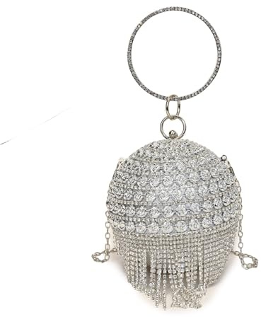 Round Ball Tassel Women Crystal Clutch Evening Bags Bridal Wedding Party Rhinestone Purses Handbags(Silver 03)