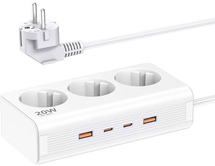 JSVER Multiprise USB C PD 20W Ladeleistung, Bloc Multiprise 3 Prises avec 4 Ports USB Chargeur Prise Multi avec Interrupteur Cable 1.5m pour Maison, Bureau-Blanc
