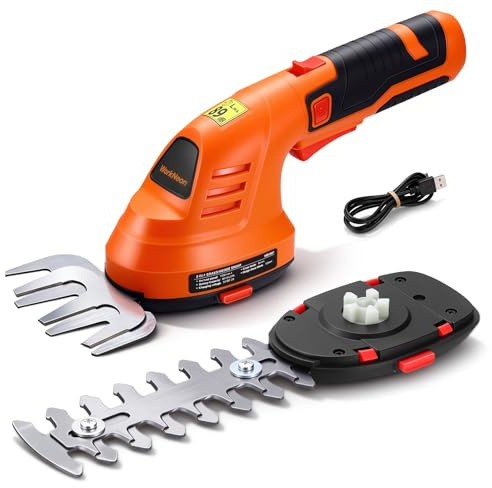 WorkNeon Electric Hedge Trimmer Cordless, 2-in-1 Lightweight Handheld Grass Trimmer Hedge Shears/Cutter, 8V Battery Powered Rechargeable Garden Tool for Yard, Lawn