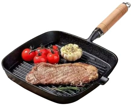 AIZYR Poêle À Griller Carrée, Poêle en Fonte Poêle À Frire, Poêle À Barbecue avec Bec Verseur Et Manche en Bois Batterie De Cuisine pour Steaks Et Légumes,22cm