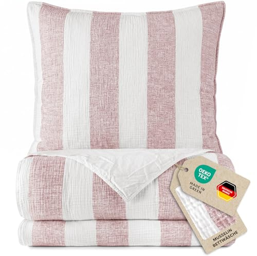 Pure Label Musselin Bettwäsche Set 2-TLG. 1x135x200cm 1x80x80 weich, Mauve | Anschmiegsam, atmungsaktiv und gestreift für gemütlichen Schlafkomfort