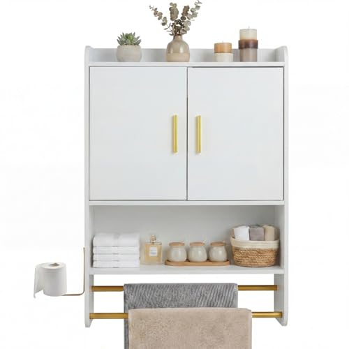 LIFEZEAL Mobile Bagno a Parete, Pensile Bagno Sospeso con Ripiano Regolabile, Scomparto Aperto, 2 Portasciugamani e Gancio Laterale, Mobile Cucina Salvaspazio per Ingresso, 55 x 20 x 80 cm (Bianco)