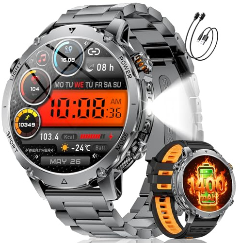 SUNKTA Smartwatch Herren 1400 mAh 20 Tage Akkulaufzeit 1,7″ HD Bluetooth Anrufe Militär Smart Watch für iOS Android,Herzfrequenz/Schlafmonitor/Schrittzähler,Taschenlampe,100+ Sportmodi,Grau