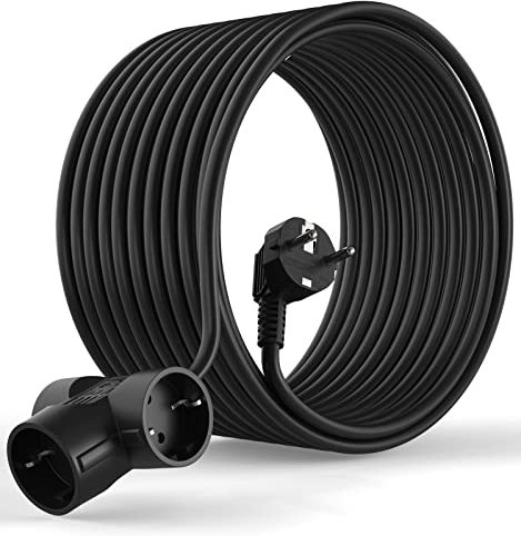 MutecPower 15 Meter Schuko Verlängerungskabel Mit 3-Fach Steckdosen - 90° abgewinkelt EU Schuko Schutzkontaktstecker und Schutzkontaktkupplungen - bis 250V 50Hz 16A IP20-15m Schwartz