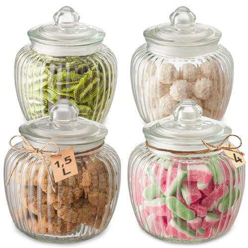 Praknu Barattolo per Caramelle in Vetro – Set 4 x 1,5L – Con Coperchio ed Etichette – Stile Vintage – Per Feste, Matrimonio e Cucina – Lavabile in Lavastoviglie – Per Dolci e Biscotti