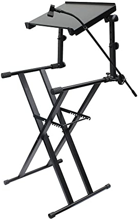 Odyssey Case 2 Tier DJ Equipment Foldable Adjustable Portable X Stand Combo Pack with Mic Boom and Top Laptop Computer Shelf, Black