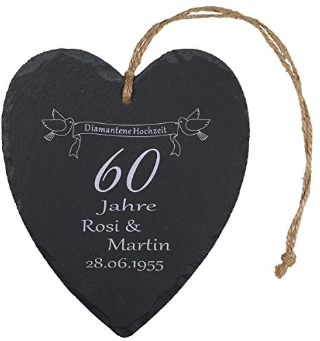 Geschenke 24 Schieferherz – Diamantene Hochzeit (Natur): persönliches Schiefer Herz mit Namen personalisiert und Datum – Geschenkidee 60 Jahre Ehe, 60. Hochzeitstag, Diamanthochzeit