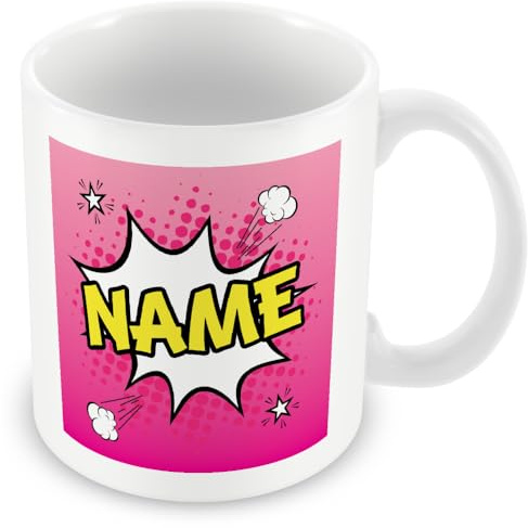 MUGGZ Personalised Custom Name Mug Gift – Pink Comic-Style Ceramic Coffee Cup, Dual-Sided Print, Dishwasher Safe, Unique Present for Birthdays, Teachers, Friends, Office, Secret Santa, Christmas