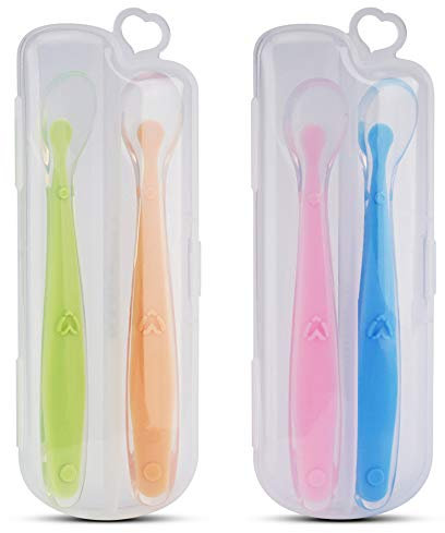 Kirecoo - Set di 4 cucchiaini per neonati, senza BPA, con punta morbida, in silicone, con custodia da viaggio