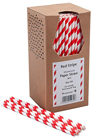 Beaumont 6mm Bore Paper Straw Red & White Striped (250 Pack) - Compostable Drinking Straw 198mm Length, Ideal for Smoothies, Milkshake, Cocktails | Compostable design helps reduce landfill waste, providing an eco-friendly option for serving milkshakes and cold drinks.