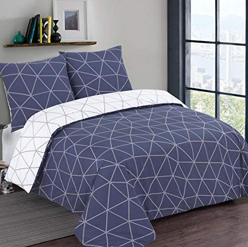 Vision - Wendebettwäsche – Hugo Marineblau/weiß – Bettbezug 240 x 220 cm mit 2 Kissenbezügen für Doppelbett – 100% Baumwolle