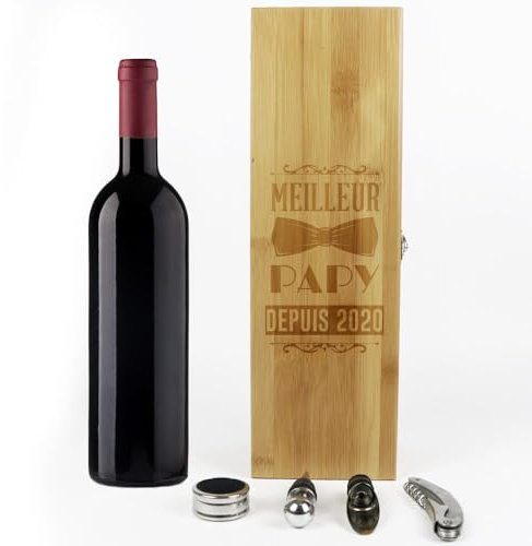 CADEAUX.COM - Coffret Sommelier Personnalisé - Meilleur Grand Père - 4 Accessoires Sommelier - Tire Bouchon - Bouchon Stop Gouttes - Idée Cadeau Personnalisé - Fête des Grands-Pères - Cadeau Noel