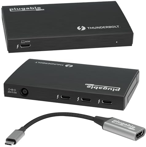 Plugable Thunderbolt 4 Hub | 60W Laptop Charging | 3x Thunderbolt 4 Ports | Dual 4K/Single 8K Displays | USB4 Compatibility - TBT4-HUB3C