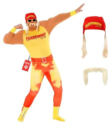 Morph Hulk Hogan Brottningsdräkt Herr - WWE Kostym Vuxen, Hulkamania Overall med Mustasch för Herrar, L