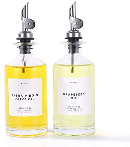 Molimoli Aceitera dispensador de Aceite y Vinagre para Cocina, Vertedor Automático, Botellas de Cristal Finas para Cocina | Set de 2 - Plata