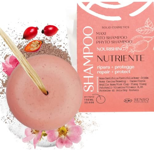Senso Naturale Shampoo Solido Nutriente Riparatore per Capelli Secchi e Doppie Punte, Ripara e Protegge Capelli Danneggiati, Ecologico e Vegano con Rosa Canina, Argilla Rosa, Ylang Ylang PH 4.5-5.5
