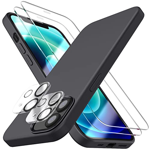 Dssairo [5 in 1 für iPhone 12 Hülle/iPhone 12 Pro Hülle 6.1, mit 2 Pack Displayschutzfolie + 2 Pack Kameraobjektivschutz, Flüssigsilikon Slim Stoßfest Schutzhülle Handyhülle (Space Gray)