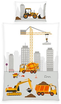 Herding babybest Bettwäsche-Set für Kleinkinder, Baustellen-Motiv, Personalisiert mit Namen (Bestickt), 40 x 60 cm + 100 x 135 cm, 100% Baumwolle/Renforcé