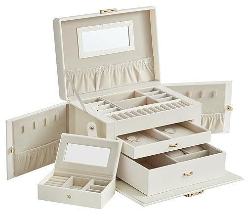SONGMICS Schmuckkästchen 3 Ebenen, Schmuckkasten 2 Schubladen, tragbare Mini-Box für Reisen, mit Griff, abschließbar, Geschenkidee, PU-Bezug in Klassikweiß, Innenfutter in Cremeweiß JBC121W02