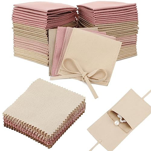 Cunno 120 Pcs Microfiber Jewelry Pouch 8 x 8cm Jewelry Packaging Bag Gift Bow Tie Bracelet with Cleaning Cloth(Multicolor)