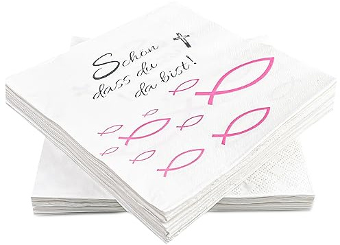 Magrimaxio 40 Servietten Fisch Rosa, Papierservietten Weiß 3-lagig, Tischdeko, mit Spruch Schön dass Du da bist, für Konfirmation, Kommunion, Taufe, Geburtstag, Hochzeit und Party, 33x33cm