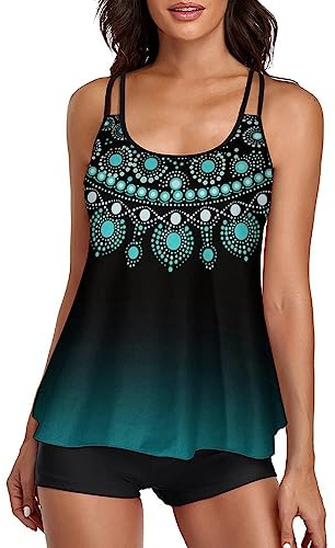 wihnsinop Tankini Damen Bauchweg Bademode Set Freizeit Badeanzug Tankinis Zweiteiler Sets Sommer Elegant Badeanzüge für Damen Oberteil mit Badeshorts