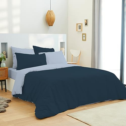 univers decor – Pack de 6 piezas, bicolor, reversible, funda nórdica de 260 x 240 cm, cama de 180 x 200 cm, 100% algodón, 57 hilos/cm² (marino/azul cielo, paquete completo de 6 piezas, bicolor, cama