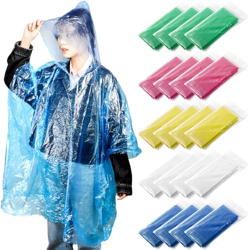 Cididu 20 Pack Disposable Rain Ponchos for Adults, Clear Plastic Emergency Raincoats with Hood, Individually Wrapped Bulk Rain Ponchos Waterproof Family Pack Camping