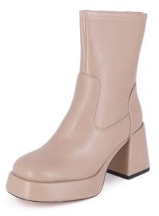 QUEEN HELENA Stivaletti con Plateau Stivali con Tacco Largo Donna K3231 (Khaki Pu, 38)