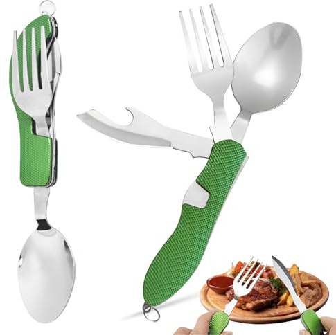 2er-Pack Outdoor Geschirr Set, Camping Besteck, Wandern Klappgeschirr Zubehör Besteck 4 in 1 Flaschenöffner Messer Gabel löffel Set, Geeignet für Camping Festival, Reisen, Grillen, Angeln