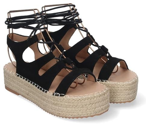 shoes&blues.es 85031 Sandalia de Mujer con Plataforma de Yute, Comodas y Elegantes, Tiras Cruzadas con Cordones, Pala y Talon Abierto, Ideales para Primavera-Verano. Negro Talla 40