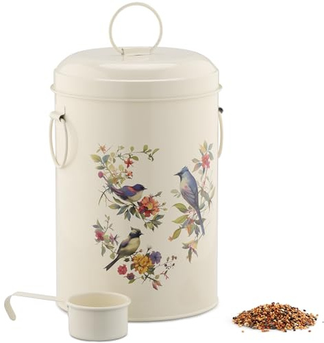 Navaris Contenedor de Semillas para Aves – Tarro de Almacenamiento de Comida para Pájaros con Cuchara Medidora y Asas - Capacidad 4,9 litros - Crema con Diseño de Pajaros
