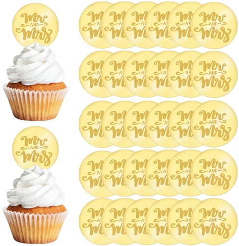 URROMA Wedding Gold Cupcake Toppers - 30pc Round Mr.&Mrs. Mirrors Cake Pick Charm Decorations