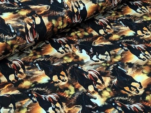 Eigenproduktion Baumwolljersey Wilde Pferde auf Braun Stoff Meterware Kleiderstoff Nähen Horse