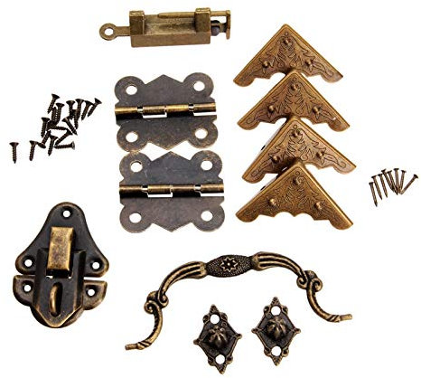 CekoCk Eckenschutz Eckenschutz aus Metall, 9 Teile/Satz Möbelbeschläge Chinesische Messingbeschläge Antike Holzkistenriegel Haspe + Ziehgriff + Scharniere + Eckenschutz + altes Schloss