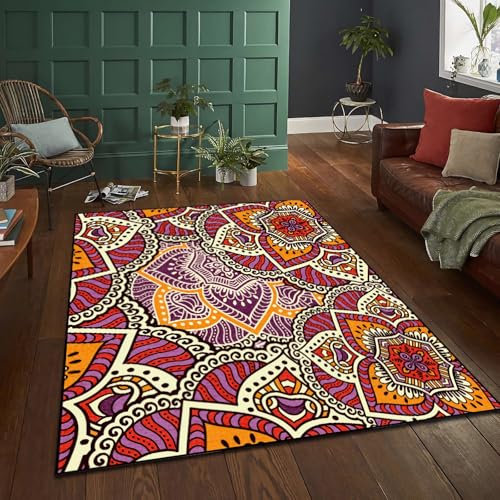 Teppich modern Rot-Gelbes Vintage-Design Leicht zu reinigender, Rutschfester Teppich,bettumrandung Teppich läufer flur,60x90cm
