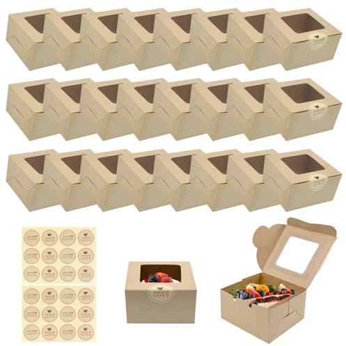 FIHODONE Cupcake-Boxen mit Fenster und 24 Aufklebern, Kuchenschachteln für Kuchenportionen, kleine Kuchenschachteln, Keksboxen, Cupcake-Boxen einzeln für Cupcakes, Desserts, Gebäck, Süßigkeiten und