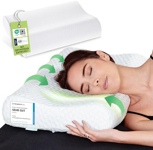 feela.® Orthopädisches Kopfkissen/Schlafkissen [3 Härtegrade] – Lindert Nacken- & Schulterschmerzen, Erhöht Schlafkomfort und Entlastet die Halswirbelsäule – Seitenschläferkissen 60x40 cm (Weich)