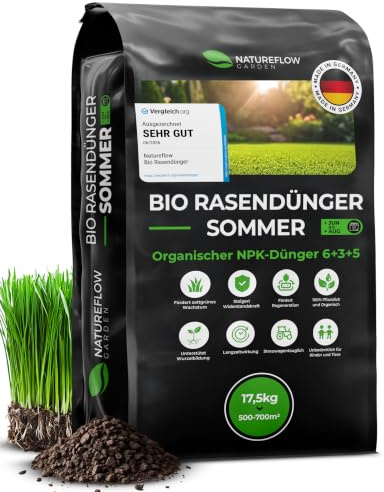 Bio Rasendünger Sommer TESTSIEGER Made in Germany – 17,5kg für 700qm - Organischer Rasendünger Bio für gesunden Boden & sattgrünen Rasen - Dünger, Sommerdünger Rasen von Natureflow Garden