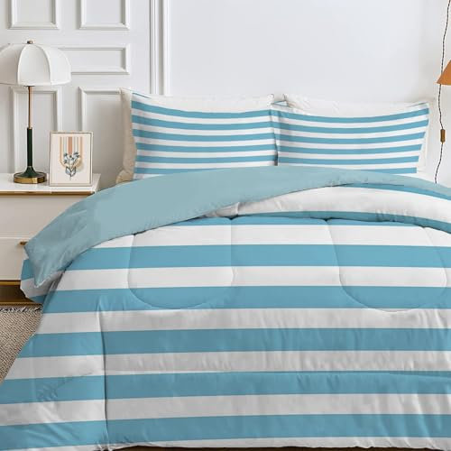 Bettdecke 135x200 4 Jahreszeiten, Wende Blau Gestreift Steppdecke Waschbare, Bettdecke ohne Bezug Nutzbar, Leicht Weiche Schlafdecke 200GSM, Ganzjahresdecke Weiß mit 1 Kissenbezug (ohne Kissen), C459