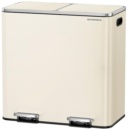 SONGMICS Poubelle à Double Compartiment 2 x 40 L, avec 15 Sacs Poubelles, Pédales en Métal, 2 Seaux Intérieurs en Plastique, Couvercles, Poignées, Fermeture en Douceur, Couleur Amande LTB730A02