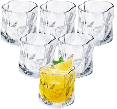 PORFOYO Unregelmäßige Whiskygläser 6er Set 200ml - Whiskey Gläser Mit Gekippten Falten - Trinkgläser Für Scotch/Cocktail/Longdrink/Tee - Spülmaschinenfestes Kristallglas (Transparent)
