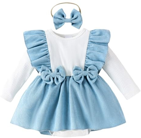 Balletttrikot 128 Kleinkind Mädchen Langarm Rüschen Gerippte Strampler Röcke Neugeborenen Bodys Bowknot Stirnbänder Outfits Body Baby Junge (Blue, 0-3 Months)