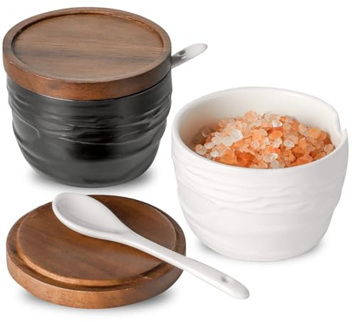 Besmeety Gewürzdosen Keramik 3er Set mit Löffel und Deckel, Gewürzgläser Porzellan Set, Salzdose mit Acacia Holz Deckel, Zuckerdose Keramik, Gewürzbehälter, 250ML (Schwarz, Weiß)