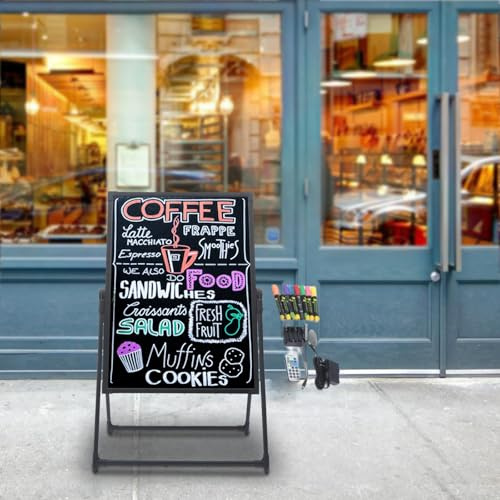32x24 LED Message Writing Board Standing A-Frame Menu Sign Board Illuminated Erasable Lighted Chalkboard Sign Menu Board with 8 Highlighters, Towel and Remote Control