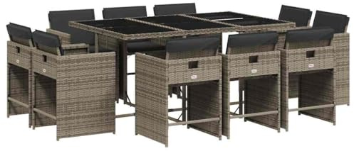 vidaXL Garten Essgruppe 11-TLG., Gartenmöbel Set Tisch mit Glasplatte 10 Stühle, Gartengarnitur mit Kissen, Sitzgruppe Terrasse, Grau Poly Rattan