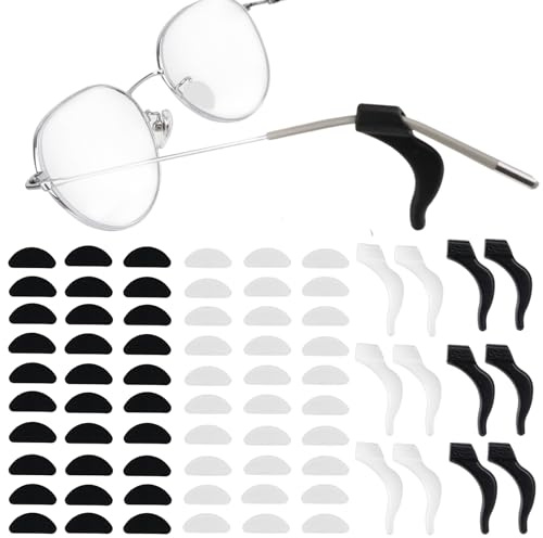 30 Paar Nasenpads Brille Selbstklebend mit 6 Paar Brille Ohr, Silikon Anti Rutsch Brillenpads Brillen Nasen pads Ohrbügel Haken Universal für Brillen Sonnenbrillen Lesebrille (Transparent + Schwarz)