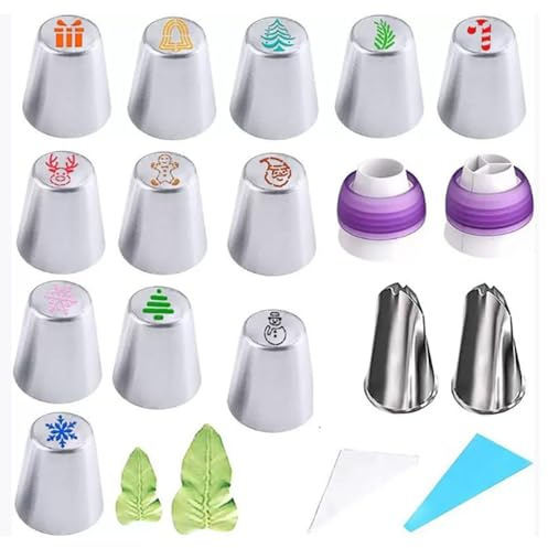 Lkvent Piping Nozzles Christmas Russian Piping Tips Holiday Design Set 27 pcs-14 Icing Nozzle+11 Baking Pastry Bags+2 Couplers Frosting Tips Set Icing Nozzles