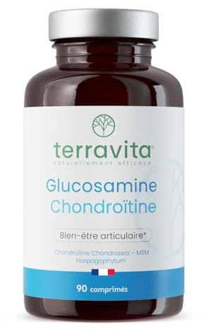 Glucosamine Chondroïtine | Avec Harpagophytum + MSM + Vitamine C + Oligo-éléments | Articulations Douloureuses - Arthrose - Perte de Mobilité | 90 Comprimés Dosage Fort | Made in France | Terravita